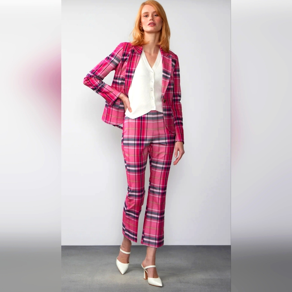 Bold pink plaid flared ankle pant
